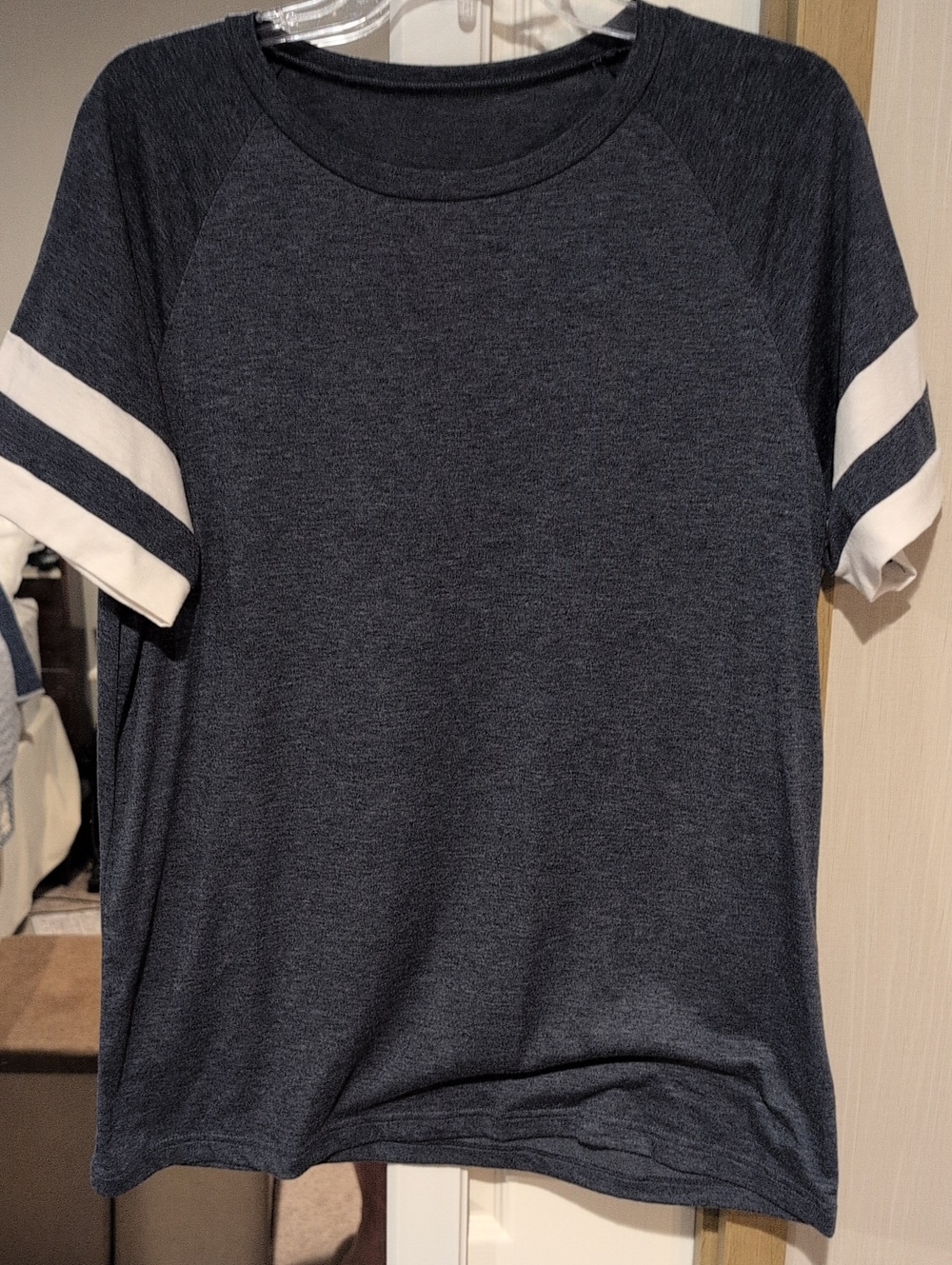 Women's Short Sleeve Crewneck Tee in Charcoal & Navy with White Sleeve Stripes